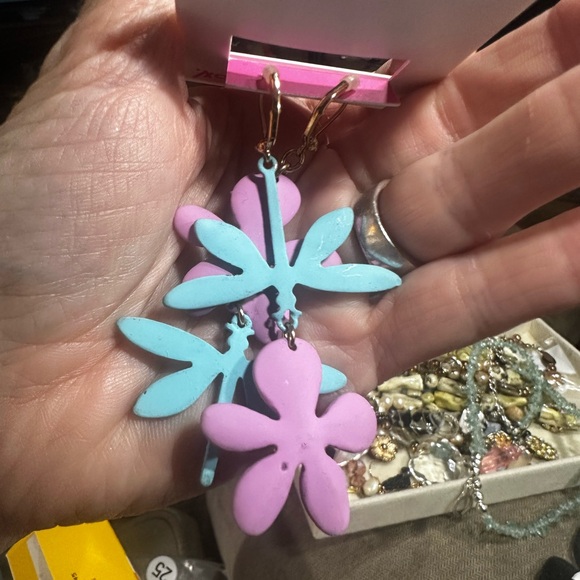 Betsey Johnson Pink Floral and Blue Dragonfly Earrings - Picture 7 of 8